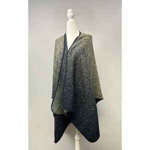 Boho Ombre Grandmacore Shawl Wrap Women OS Navy Grey Marled Knit Blanket Poncho